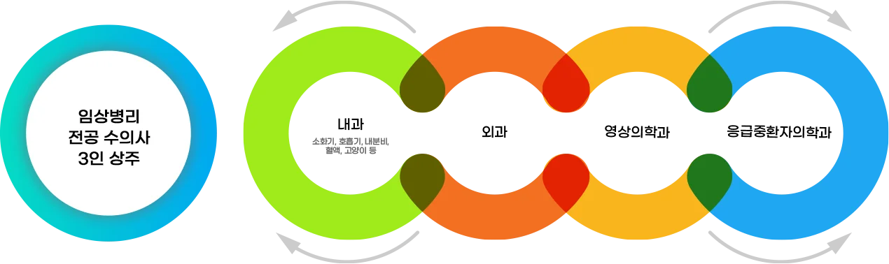 혈역내과(필요 시 종양내고, 외과 등 협진), 임상병리과(혈액/골수 정밀분석, 전공 수의사 3인 상주 ) → 영사의학과(관련 장기 평가 및 전이여부확인), 임상병리과 → 응급중환자의학과(24시간 응급수혈 및 중환자케어)